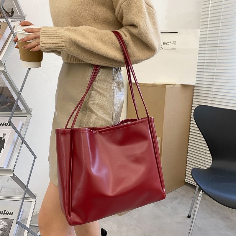 Women Fashionable Simple Solid Color Large Capacity PU Tote Bag