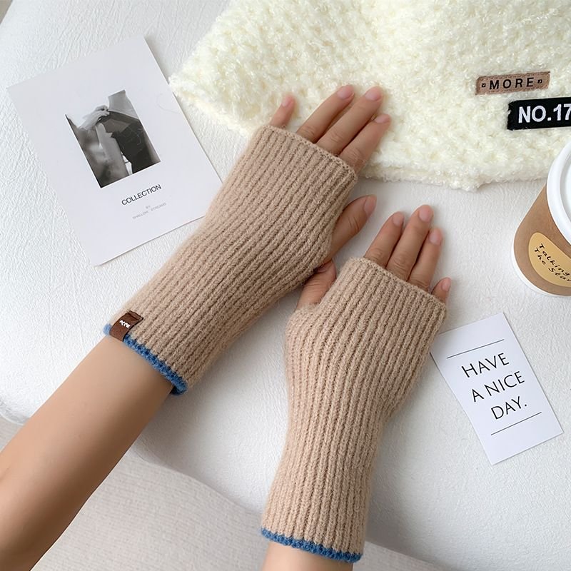 Autumn Winter Women Simple Solid Color Thickened Warm Half Finger Gloves