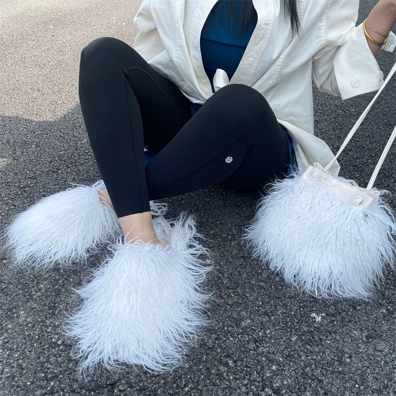 Plus Size Women Fashion Plush Solid Color Flat Slipper Shoulder Bag Set