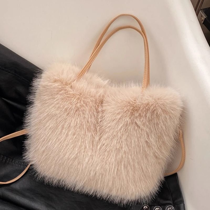 Autumn Winter Women Simple Solid Color Plush Handle Shoulder Bag