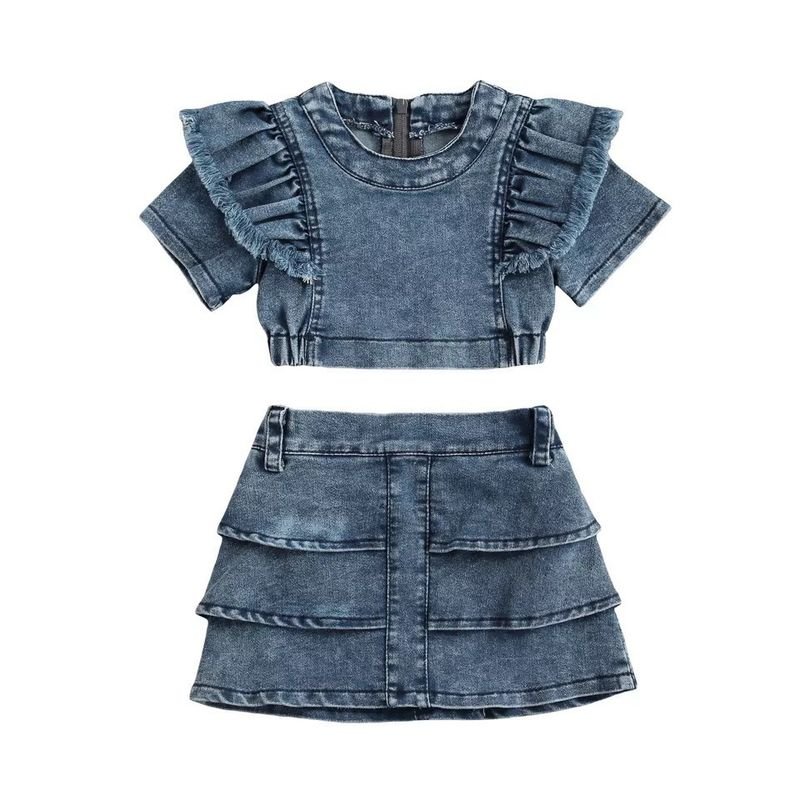 Kids Toddler Girls Fashion Casual Denim Short Sleeve Top Denim Skirt Set