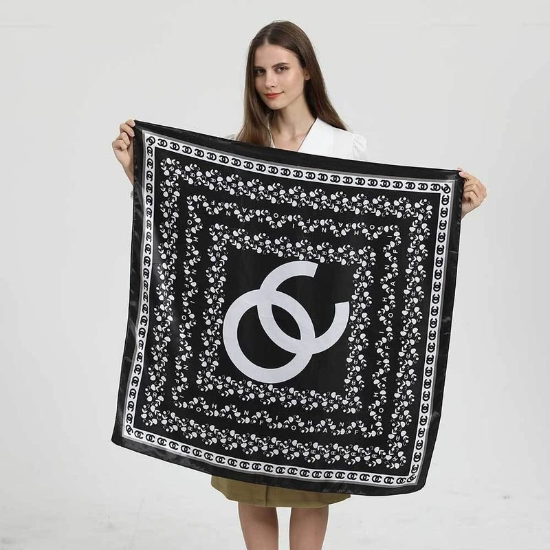 Women Simple Black White Geometric Letter Floral Print Satin Square Scarf