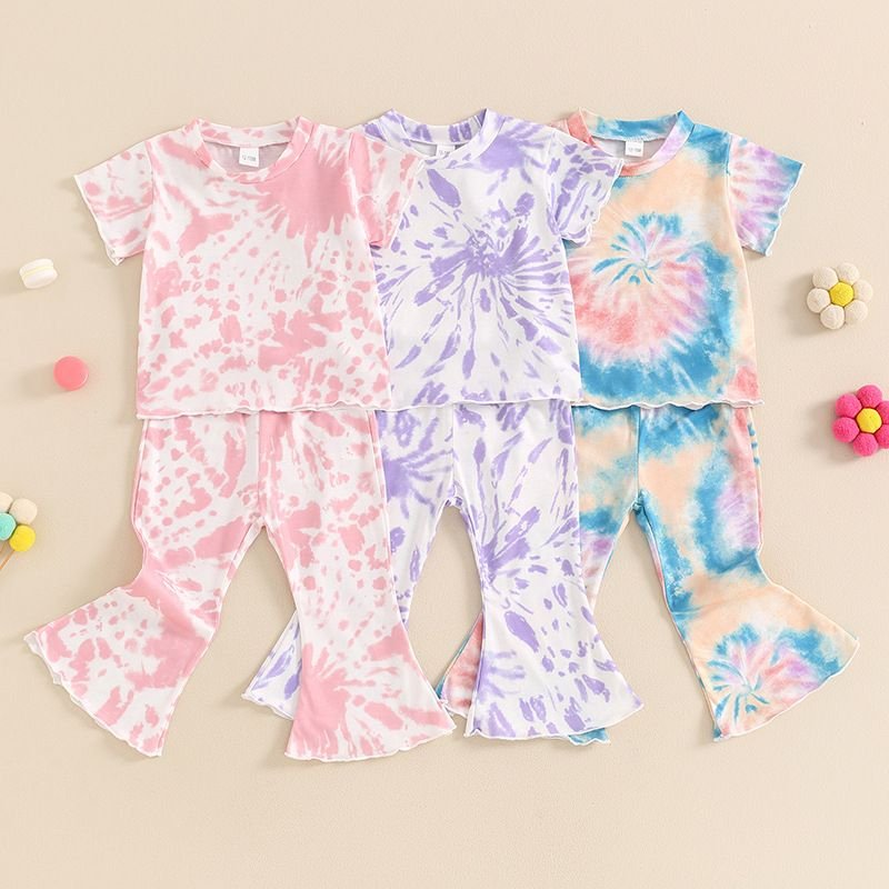 Kids Toddler Girls Casual Cute Tie-Dye Short Sleeve T-Shirt Flare Trousers Sets