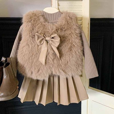 Kids Toddler Girls Autumn Winter Fashion Casual Bow Plush Vest Long Sleeve Top Tennis Skirt Three-Piece Set