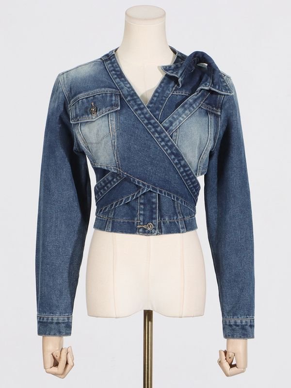 Women Summer Fashion Distinctive V-Neck Cross Asymmetrical Lace-Up Short Denim Jacket