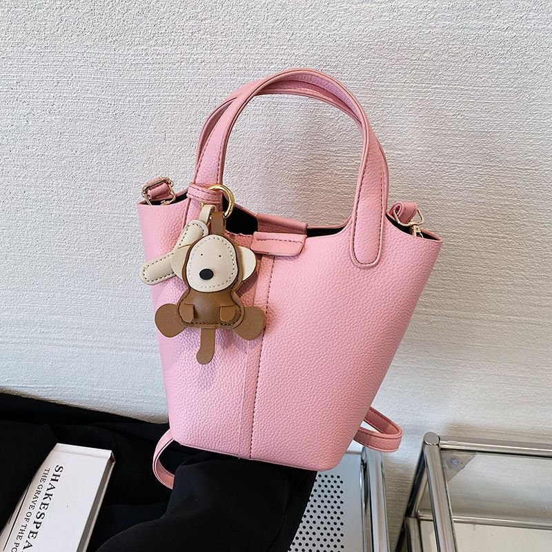 Women Simple Litchi Puppy Pendant Handle Shoulder Bag