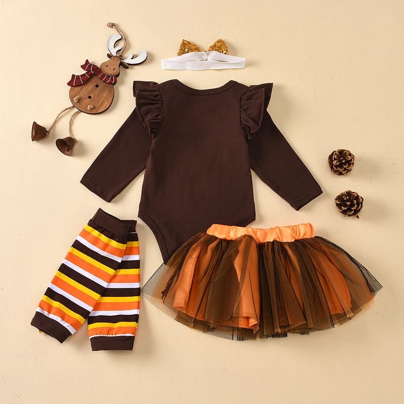 Kids Baby Girls Casual Cute Thanksgiving Turkey Alphabet Print Long Sleeve Romper Mesh Skirt Sets