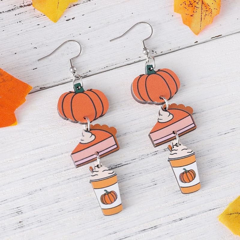 Autumn Harvest Thanksgiving Pumpkin Pie Coffee Cup Triple Pendant Earrings