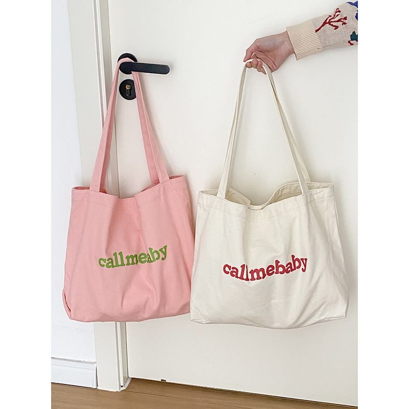 Women Simple Solid Color Letter Printing Large Capacity Canvas Shopping Bag