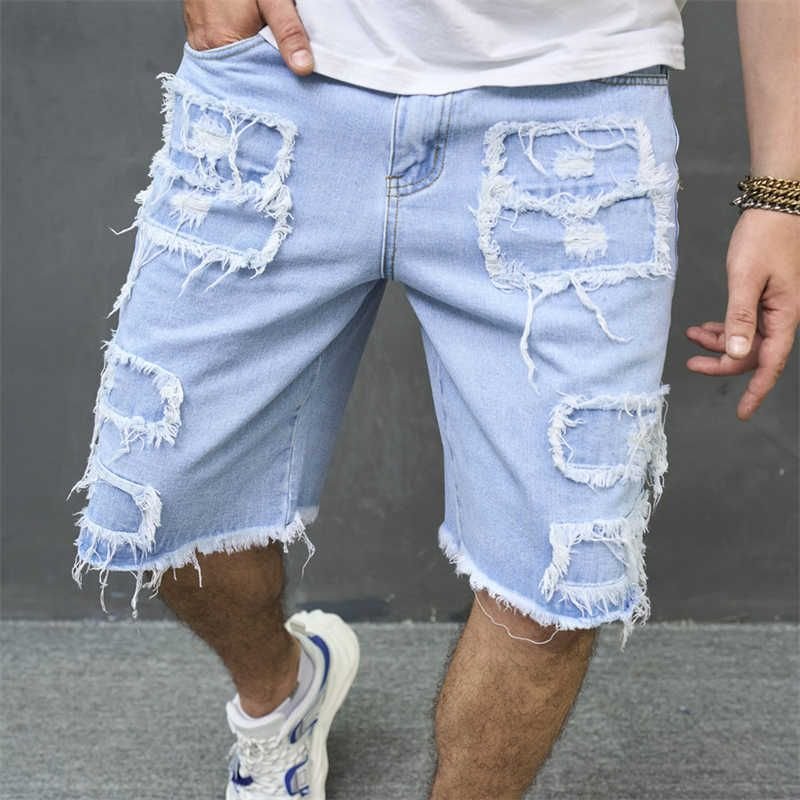 Men Fashion Casual Personality Solid Color Ripped Denim Shorts