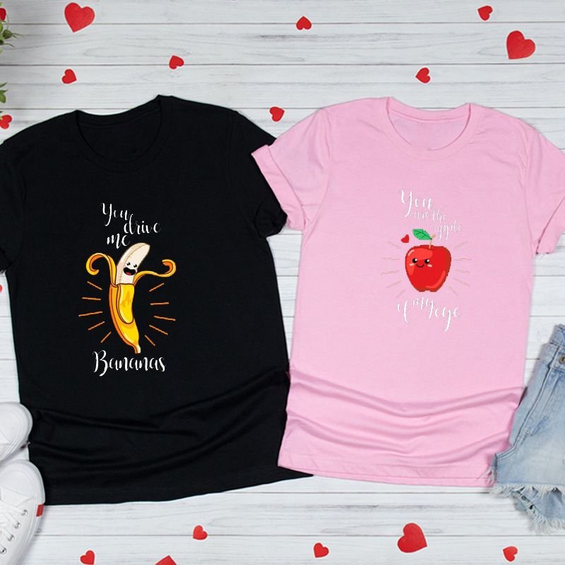 Valentine Day Cartoon Cute Funny Banana Apple Fruit Print Round Neck Short Sleeve Couple T-Shirt