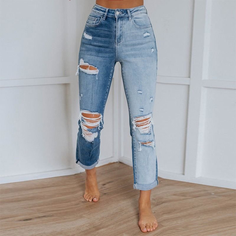 Vintage Fashion Women Washed Gradient Straight Raw Hem Ripped Jeans