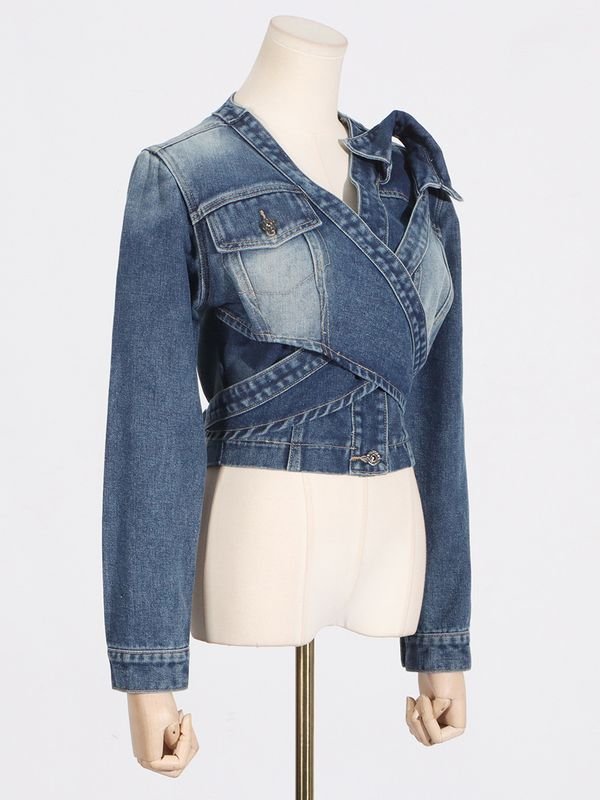 Women Summer Fashion Distinctive V-Neck Cross Asymmetrical Lace-Up Short Denim Jacket