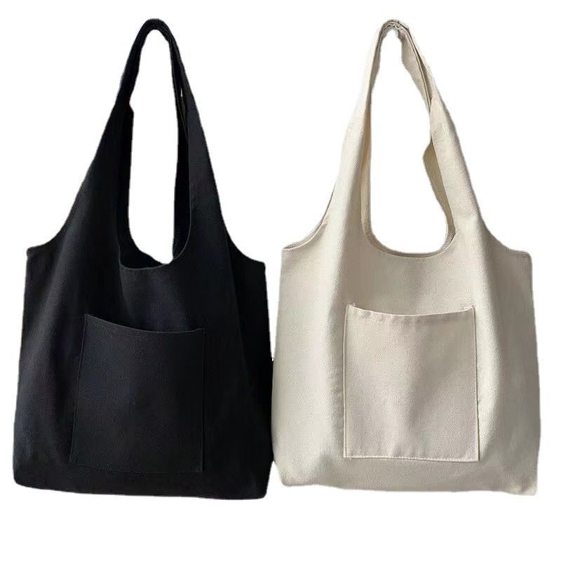 Women Simple Solid Color Pocket Large Capacity Canvas Shopping Tote Bag