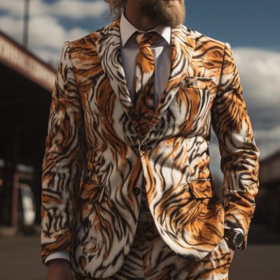 Men Fashion Casual Party 3D Tiger Floral Print Long Sleeve Lapel Suit Trousers Set