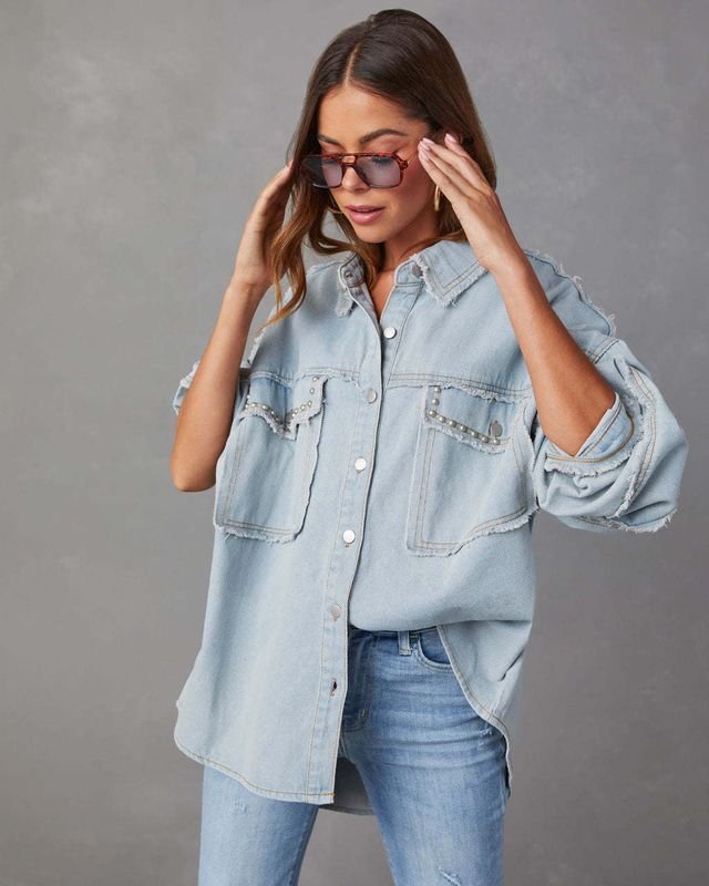 Women Fashion Rivet Lapel Long Sleeve Denim Coat Top