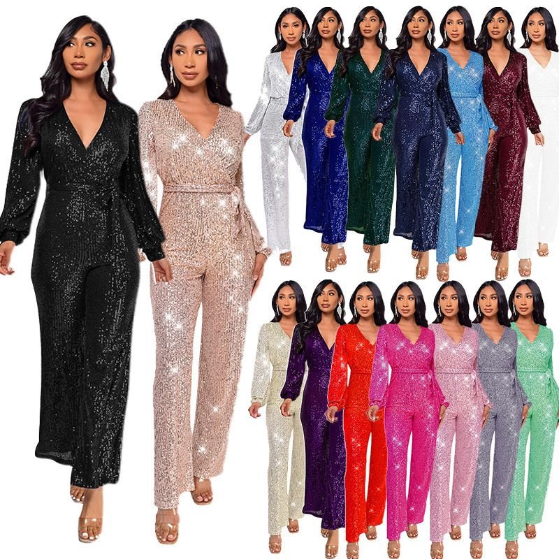 Women Fashion Casual Deep V Sequin Lace-Up Long Sleeve Jumpsuit