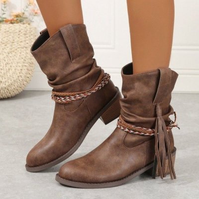 Autumn And Winter Women Fashion Plus Size Retro Tassel Round Toe Short Boots