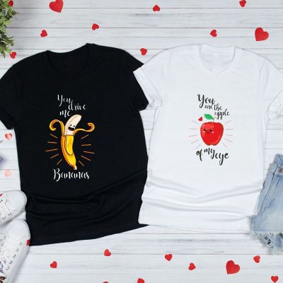 Valentine Day Cartoon Cute Funny Banana Apple Fruit Print Round Neck Short Sleeve Couple T-Shirt