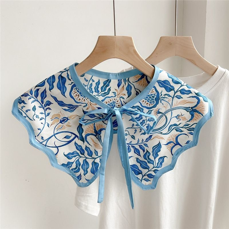 Women Fashion Printed Wave Edge Small Shawl Silk Scarf Fake Collar