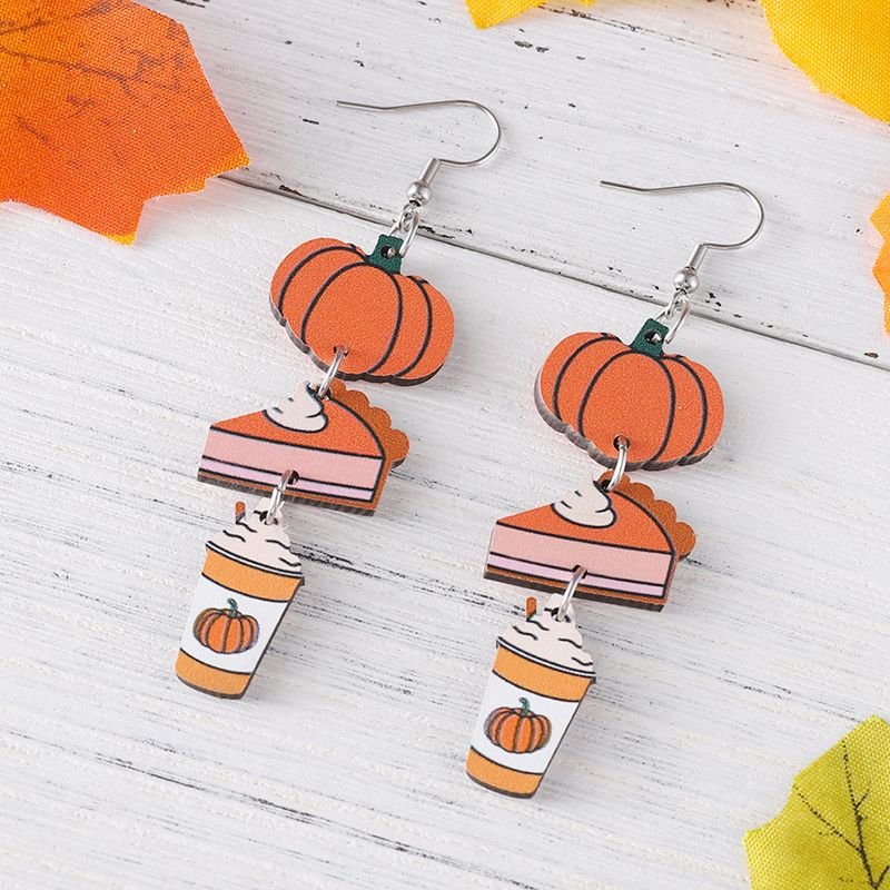 Autumn Harvest Thanksgiving Pumpkin Pie Coffee Cup Triple Pendant Earrings