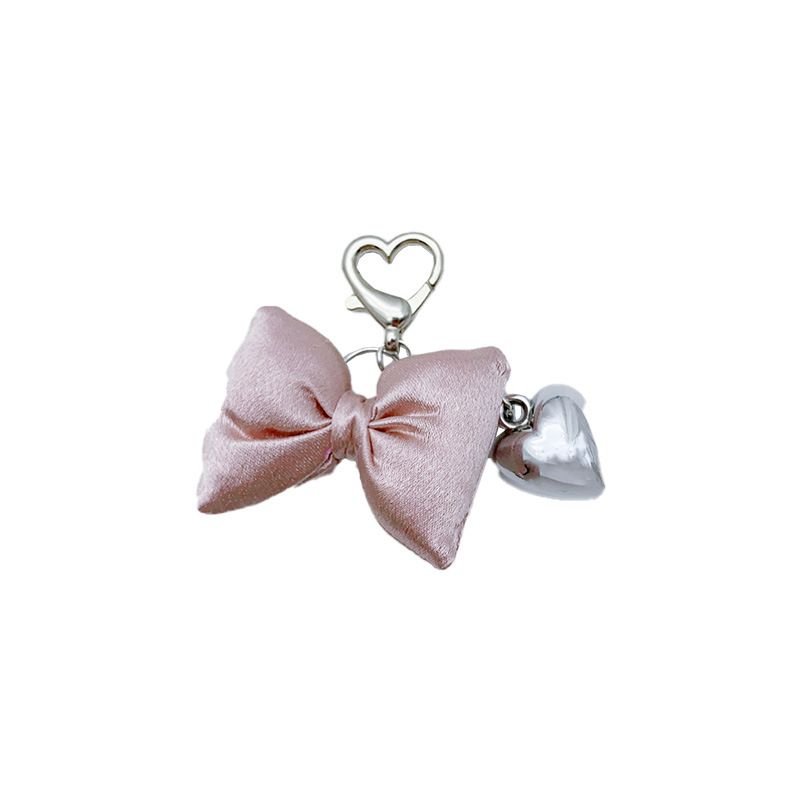 Women Fashion Simple Champagne Powder Three-Dimensional Bow Silver Metal Heart-Shaped Keychain