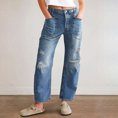 Vintage Ripped Jeans Casual Women Loose Straight Ripped Denim Pants