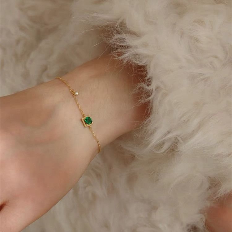 Women Fashion Simple Sterling Silver Emerald Zircon Bracelet