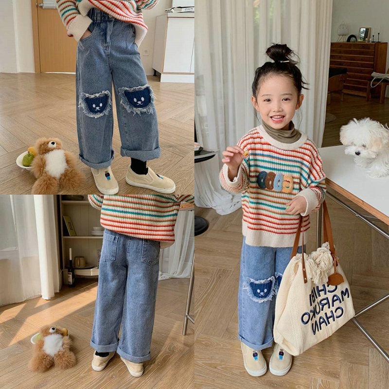 Children Kids Baby Fashion Girls Cartoon Cat Denim Jeans