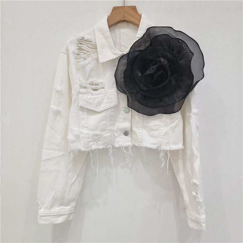 Fashion Creative Three-Dimensional Floral Personality Hole Denim Coat