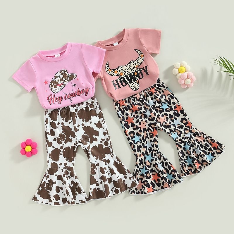 Kids Toddler Girls Casual Ethnic Style Alphabet Print Short Sleeve T-Shirt Flare Trousers Sets