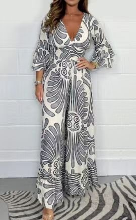 Women Fashion Casual Loose V-Neck Geometric Print High Waist Wide Leg Jumpsuits