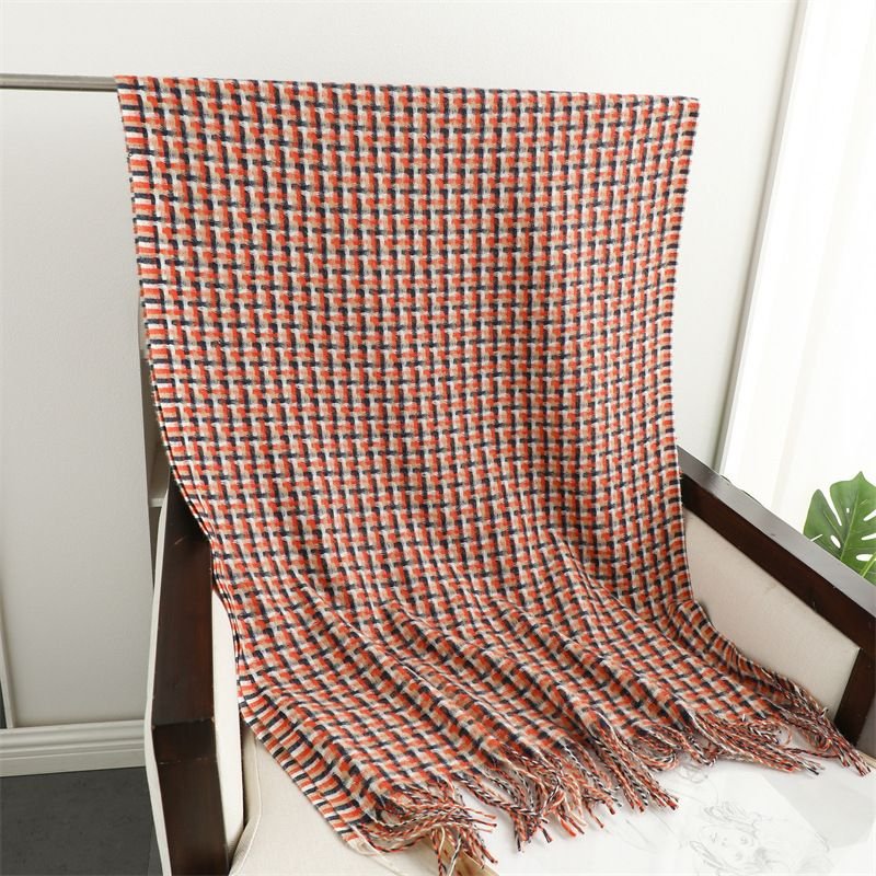 Autumn Winter Women Fashion British Style Geometric Tassel Warm Thickened Scarf