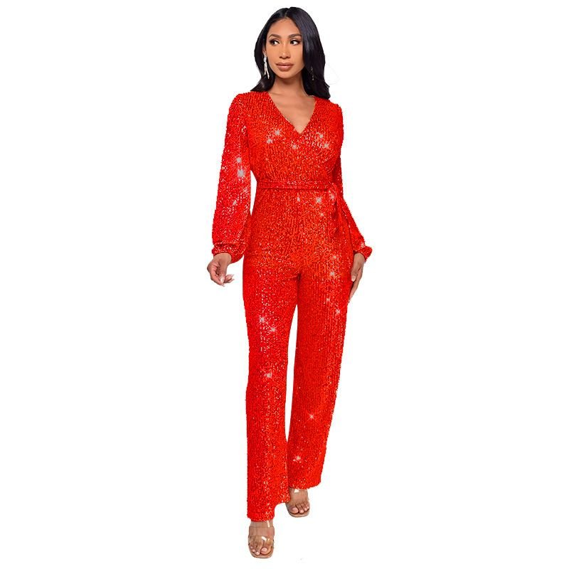 Women Fashion Casual Deep V Sequin Lace-Up Long Sleeve Jumpsuit