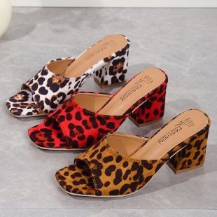 Women Fashion Plus Size Leopard Print Open Toe Suede High Heel Slippers