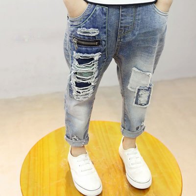 Boys Fashion Hole Zipper Design Denim Pants