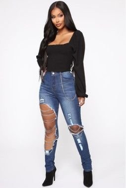 Women Fashion Skinny Ripped Chain Jeans