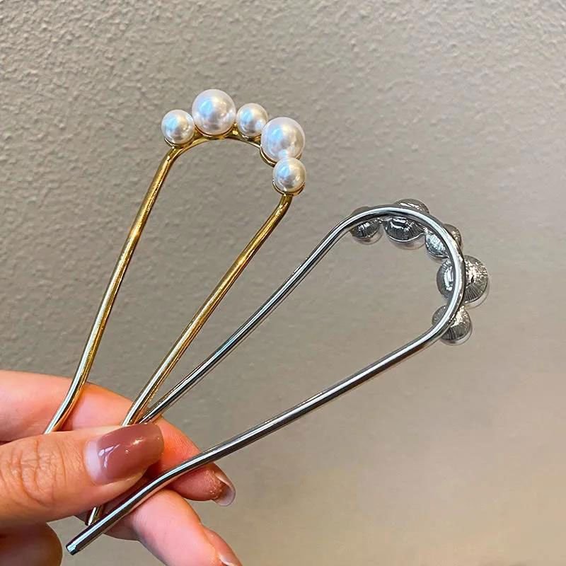 Women Fashion U-Shaped Hair Ball Head Pearl Metal Hairpin