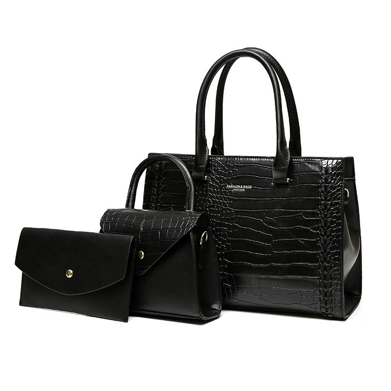 Women Fashion Solid Color Crocodile Print Large Capacity Handbags Set