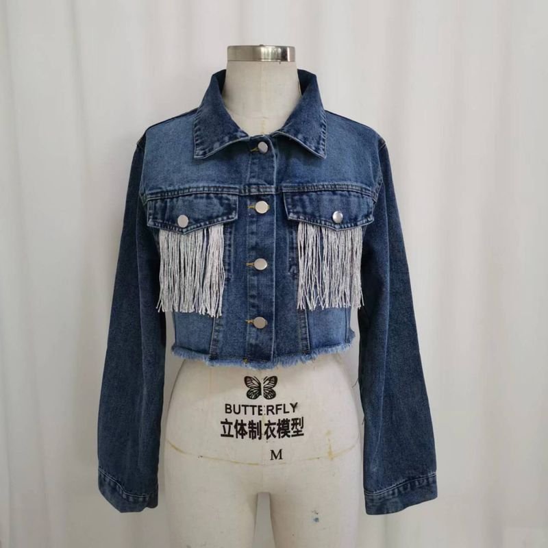 Women Fashion Tassel Long Sleeve Denim Coat