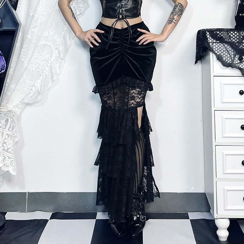 Women Fashion Dark Gothic Multi-Layer Stitching Split Fishtail Skirt