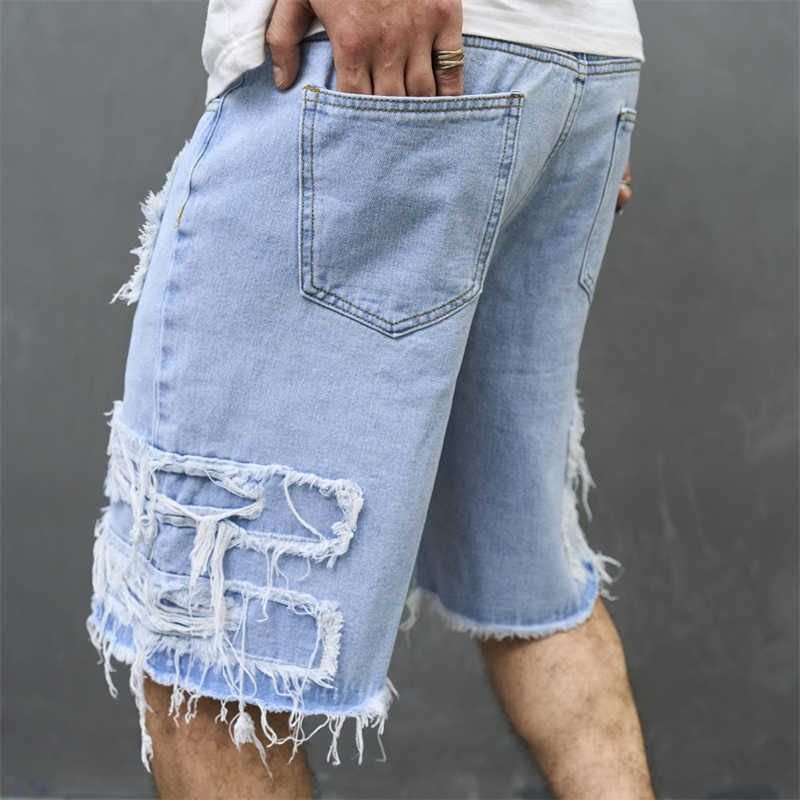 Men Fashion Casual Personality Solid Color Ripped Denim Shorts