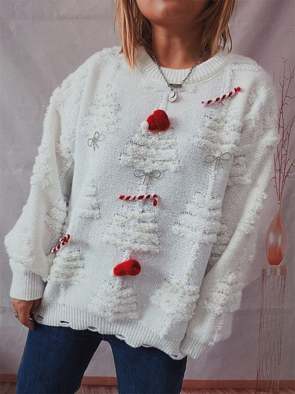 Autumn Winter Women Fashion Pearl Christmas Tree Decoration Round Neck Long Sleeve Knitted Sweater