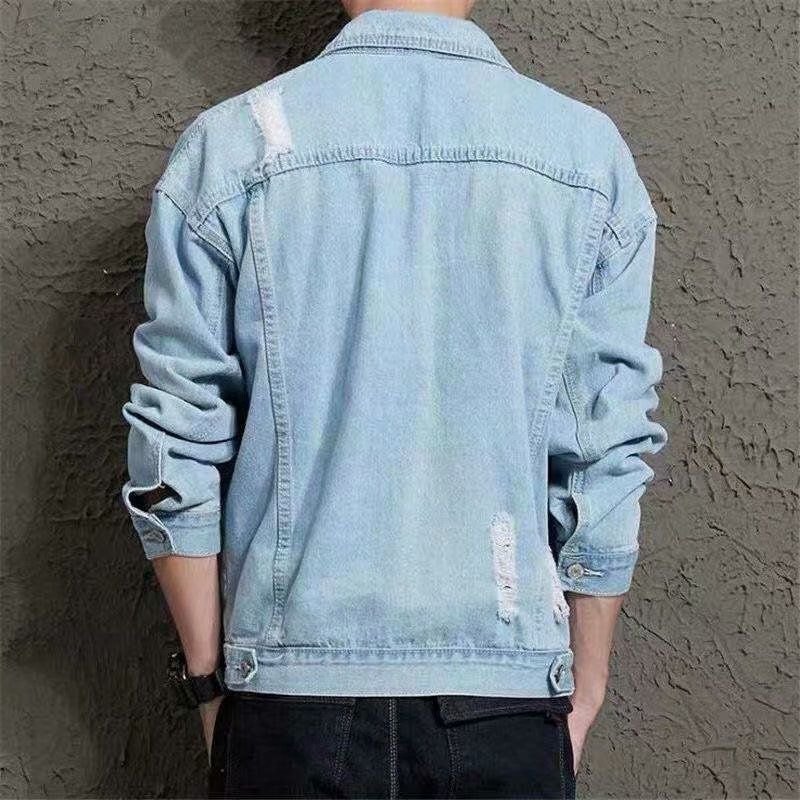 Men Fashion Casual Solid Color Ripped Long Sleeve Lapel Denim Jacket