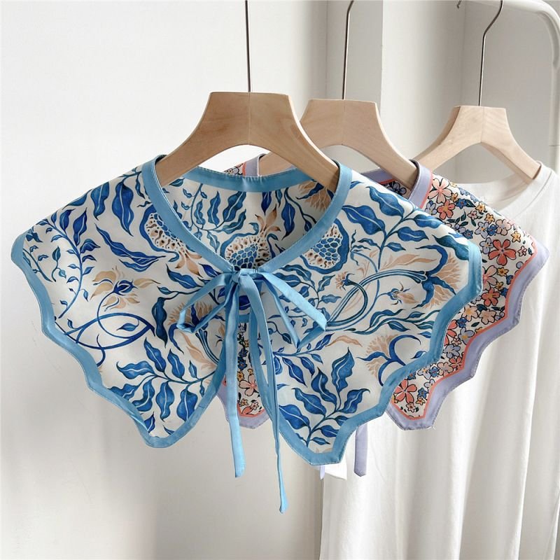 Women Fashion Printed Wave Edge Small Shawl Silk Scarf Fake Collar