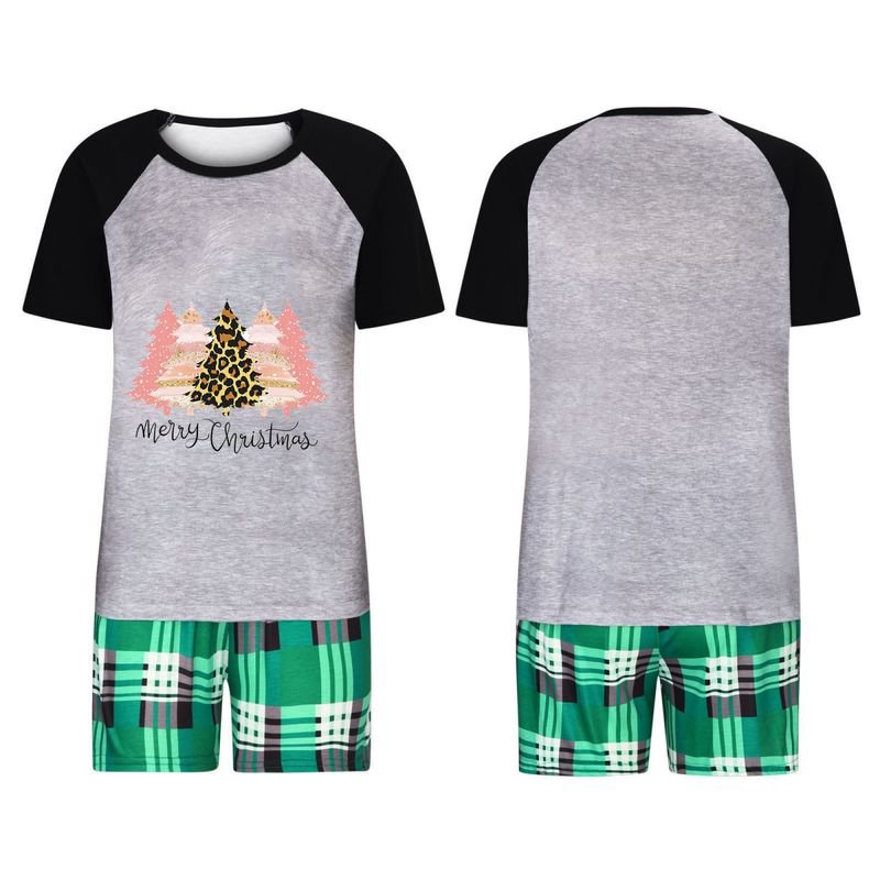 Simple Cartoon Christmas Tree Print Round Neck Short-Sleeved Top Shorts Home Parent-Child Pajamas Set