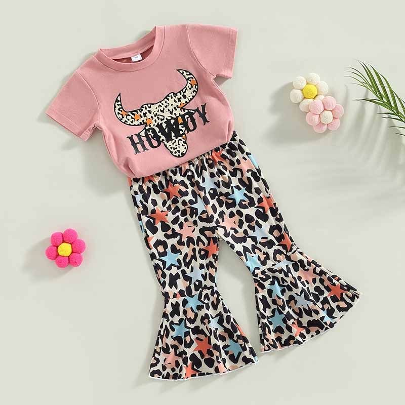 Kids Toddler Girls Casual Ethnic Style Alphabet Print Short Sleeve T-Shirt Flare Trousers Sets