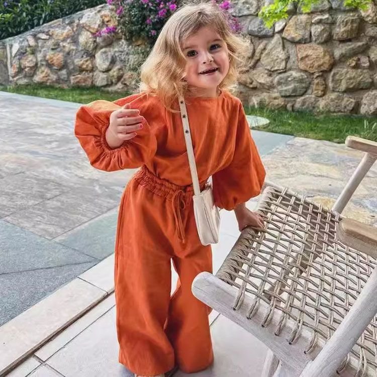 Toddler Girls Cotton Linen Fashion Long Sleeve Top Trousers Two-Piece Set