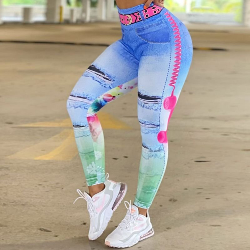 Women Multicolor Denim High Waist Hip Sports Running Fitness Pants