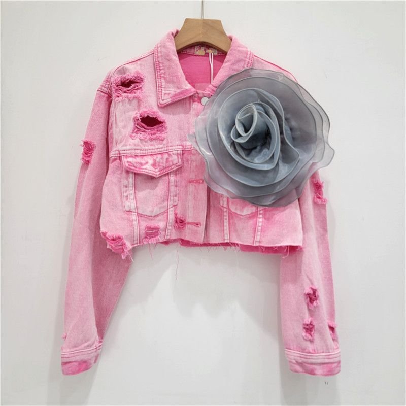 Fashion Creative Three-Dimensional Floral Personality Hole Denim Coat